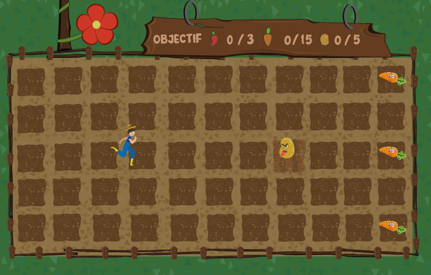 Version finale en vue de dessus : grille de parcelles, fleur de vie et pancarte d'objectif / Final top-down version: plot grid, health flower and objective sign